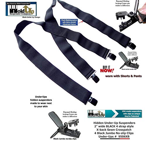Holdup Brand 2\" Wide Black Undergarment Hidden Suspenders with/Patented Black No-slip Clips