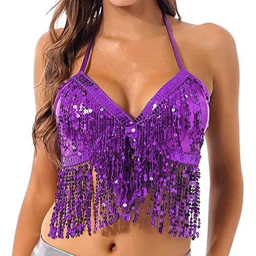 Top Set Negro Mujer Danza del Vientre Lentejuelas Sujetador Borla Ropa Cuello Halter Tops Camiseta Mujer 48, morado, A