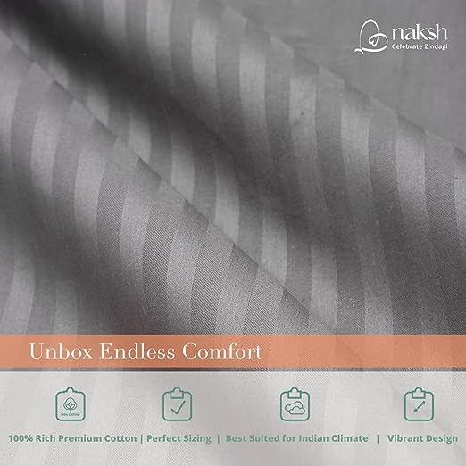Image of Naksh Japandi Vibes Collection 100% Cotton 210 TC Stripes Elastic Fitted Bedsheets Queen Size 78 x 60 Inches, Grey | 1 Elastic Bedsheet Queen Size Cotton & 2 Pillow Covers