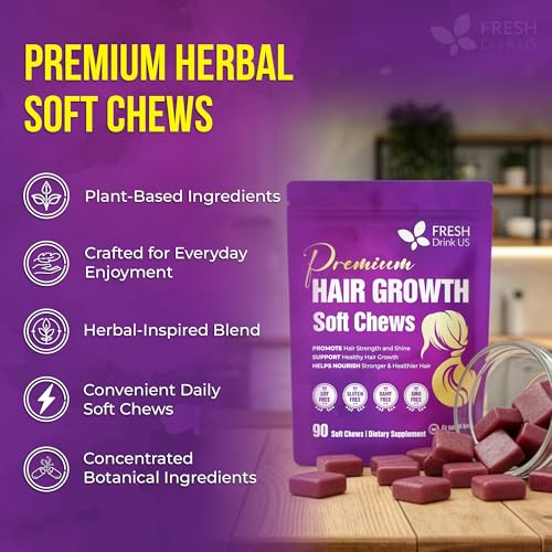 Image of FreshDrinkUS, Premium Hair Growth Soft Chews | 90 Count | Daily Beauty - Delicious Chewable Formula for Everyday Hair Routine - Non-GMO, Gluten Free, Dairy Free