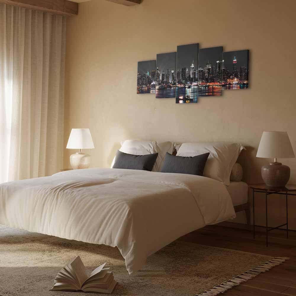 Cuadros B&D XXL - Cuadro en Lienzo New York City 225x112 cm Impresión de 5 Piezas Material no Tejido decorativo Cuadros Grandes Para Dormitorios Impresión de Pared Noche Nueva York d-A-0022-b-n
