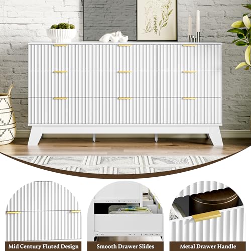 Image of Fluted Dresser for Bedroom with 9 Drawers, 57 inch White Dressers & Chest of Drawers, Mid Century Modern Dressers TV Stand, Boho Wood Dresser for Closet Wide Storage Organizer for Living Room, Hallway