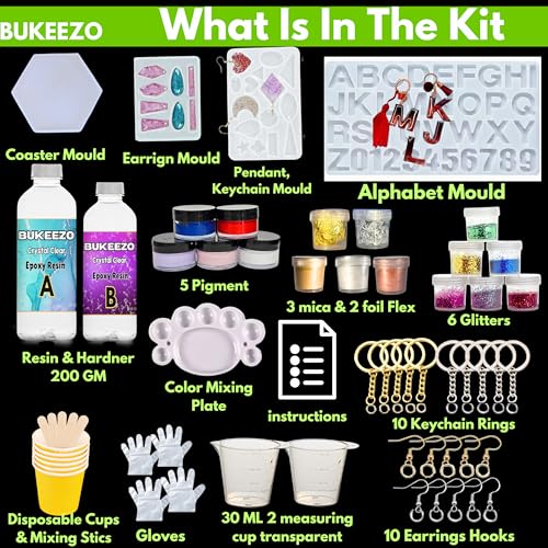Image of Bukeezo Resin art kit with moulds-epoxy resin art kit-200 Gm, keychain earring jewellery ring Coaster Alphabet and Feather Bookmark making materials kit with Mica, Glitters, Pigments and Flakes all things (WITH FOUR MOULD)