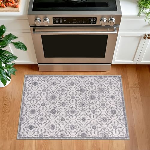 KILOCOCO 2x3 Small Area Rug, Moroccan Super Soft Entryway Rugs Indoor Vintage Washable Rug Non-Slip Indoor Door Mat, Accent Print Faux Wool Throw Rug for Laundry Kitchen Bedroom Entrance, Grey