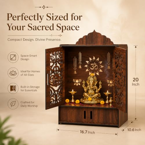 Image of The Castle Decor Wooden Mandir for Home, Wall Hanging & Tabletop Pooja Temple with Double Doors, Om & Lotus Cutwork, Storage Cabinet, Dark Walnut MDF for Pooja Room, 10.6 x 20 x 16.7 Inch (Design-7)