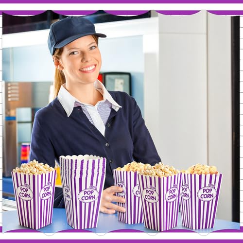 Image of Xinnun 200 Pcs Popcorn Boxes 32 oz Classic Stripe Paper Popcorn Buckets Bulk Disposable Oil Proof Container Vintage Retro Open Top Holders for Movie Night Supply Theater Carnival Party(Purple)