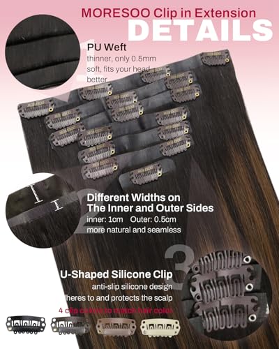 Image of Moresoo Seamless clip in hair extensions, Balayage Brown 20inch, PU Weft | Hair extensions clip ins, ombre dark brown to chestnut brown, 120g 7pcs, for date nights and social events, soft layered