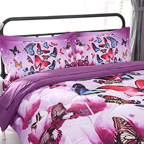 Wowelife 3D Purple Butterfly Comforter Full Upgraded Print Beautiful Butterfly Groups 5 Piece With Comforter, Flat Sheet, Fitted Sheet And 2 Pillow Cases For Kids(Full, Playing Butterfly) #TOP2