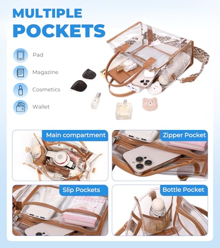 Image of Clear Tote Bag Stadium Events Transparent Clear Purse for Women Thick PVC Shoulder Bag with Guitar Strap for Concert