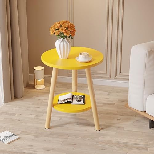 サイドテーブル 丸型 2段 ベッドサイドテーブル 厚みのある脚&省スペース設計 簡単組立 収納機能付き 北欧風リビング/寝室用 ソファ横 コンパクト軽量 無垢材脚 (イエロー,50*60cm)