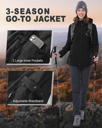 Outdoor Ventures Women's Softshell Jacket with Removable Hood, Insulated Windbreaker Waterproof Warm Fleece Lined Coat4