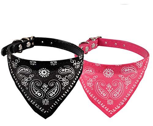 Ollypet Small Dog Collar Bandana 2 Pcs Puppy Cute Accessories Scarf Faux Leather Neckerchief for Kitten Cats Chihuahua Black Pink