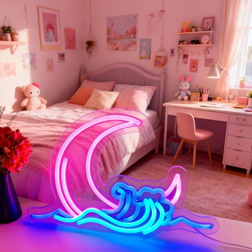 Image of Moon and Wave Neon Sign for Wall Decor Pink Moon Blue Wave LED Neon Light for Bedroom Dresser Aesthetic Room Decor USB Powered Wall Art for Living Room Bar Kid's Room Ideal Teens Girls Gifts
