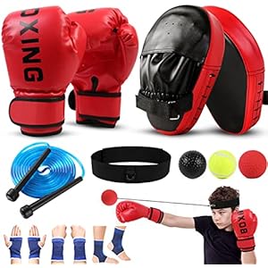 Odoland Boxing Gloves and Punching Mitts Set for Kids, Boxing Mitts Focus Pads, Kids Boxing Gloves and Protect Sleeves, Reflex Balls Kit and Jumping Rope for Boxing, Kickboxing, Karate Minim