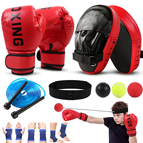 Odoland Boxing Gloves and Punching Mitts Set for Kids, Boxing Mitts Focus Pads, Kids Boxing Gloves and Protect Sleeves, Reflex Balls Kit and Jumping Rope for Boxing, Kickboxing, Karate Minim