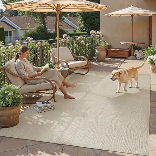 PureCozy Alfombra Exterior 120x180cm Salon Terraza Impermeable Taupe Antideslizante Lavable Interior Alfombras Habitacion Jardin Comedor Patio Dormitorio Aspecto Yute Tapete