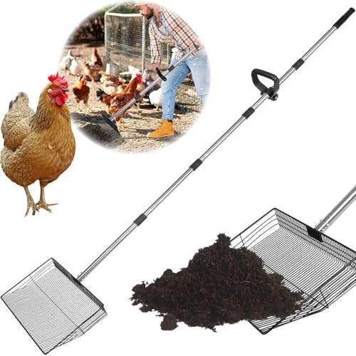 Image of 15 inch Large Chicken Poop Scooper with Ergonomic Grip, 6 in 1 Detachable Chicken Scooper for Poop Shovel (20 to 79 inch), Stainless Steel Sifting Shovel for Chicken Coop /Goat Stall /Stable Cleaning Tool