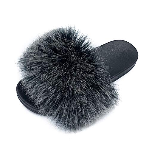 Image of Women's Faux Fur Slides Slippers Fluffy Fuzzy Sandals Open Toe Furry Slide Flip Flop Indoor Outdoor