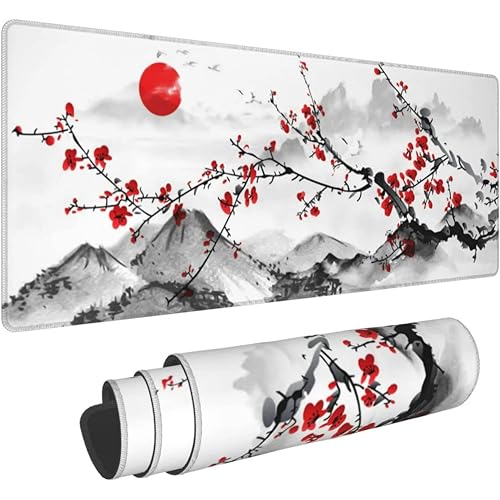 Image of Printed Gaming Mousepad - Premium Stitched Edges, Smooth Surface,Size 11x23 inches, Non-Slip Rubber Base - Ideal for Office & Gaming Setup (Watercolor Cherry Blossom)