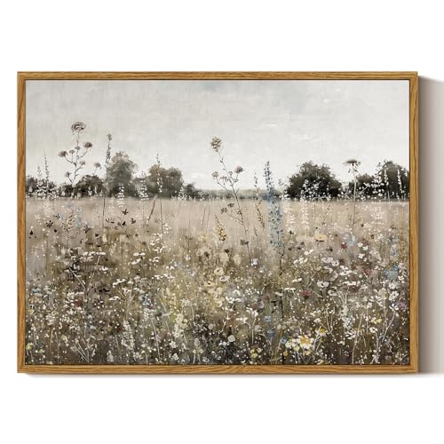 Image of ARPEOTCY Vintage Framed Canvas Wall Art, 12x16inch, Classical Wildflowers Field Sky Farmhouse Pictures Wall Decor, Art Prints for Home Decor Aesthetic, Paintings for Living Room Office