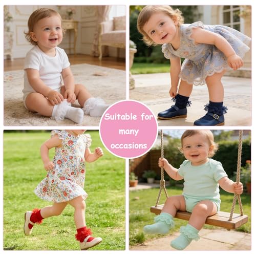 Image of Epeius Baby-Girls Eyelet Turn Cuff Ruffle Lace Socks Triple Lace Dressy Socks Newborn /Infants /Toddlers 3 /5 Pairs
