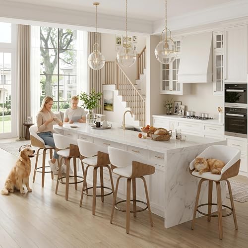 Image of 26'' Modern Barrel Swivel Counter Stools Counter Height Swivel Bar Stools with Backs Set of 6, White Linen Upholstered Bar Height stools, Farmhouse Solid Wood Barstools for Kitchen Island, Home Bar