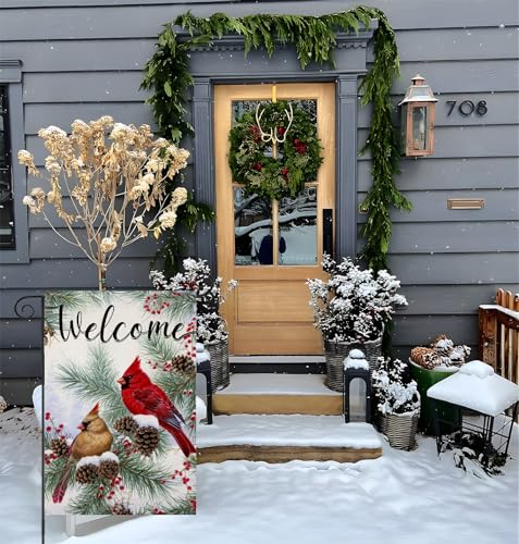 Ekorest 3-CHRIST-18 Welcome Winter Garden Flags For Outside Decoration, Cardinal Pine Twigs Berry Small Yard Flag, Seasonal Farmhouse Christams Xmas Holiday Outdoor Decor 12X18 Inch Vertical Double Sided thumb #2