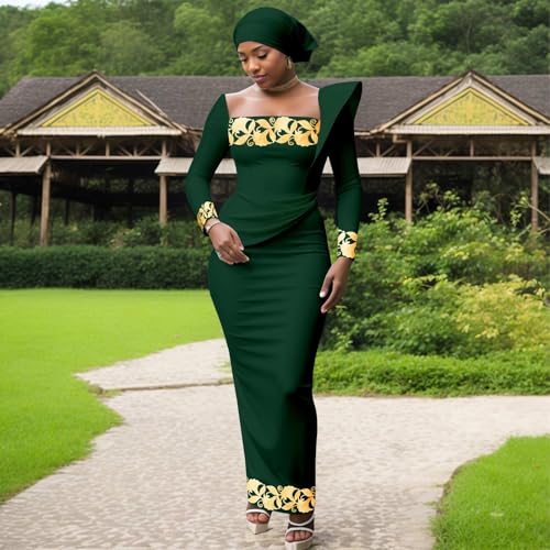 Image of African Dresses for Women High Waist Embroidery Elegant Traditional Midi Dress with Headscarf