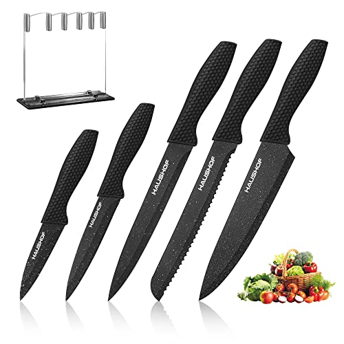 HAUSHOF Kitchen Knife Set, 5 PCS Knife Sets with Arcylic Block, Teflon Coated Black Knives Set for Kitchen, Premium Stainless Steel Knives Set with Ergonomic Handle, Great for Slicing, Dicin