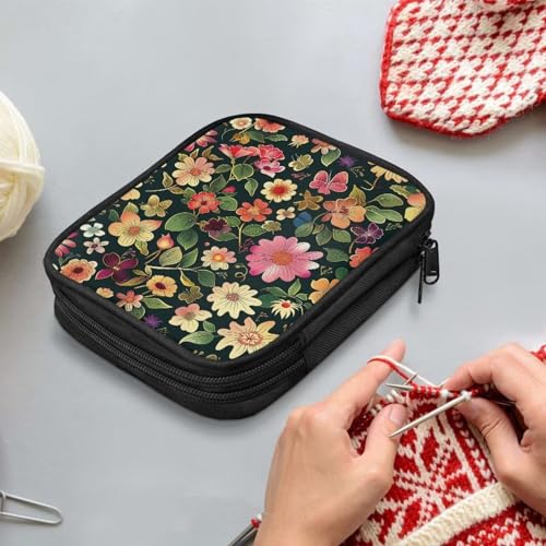 Image of Crochet Hook Case Floral Crochet Hook Holder Portable Crochet Hook Storage Bag with Web Pockets Suitable for Crochet Needles /Knitting Accessories