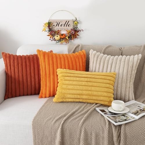 Image of Pallene Faux Fur Plush Fall Throw Pillow Covers 26x26 Set of 2, Luxury Soft Fluffy Striped Decorative Pillow Covers for Sofa, Couch, Living Room, Rust