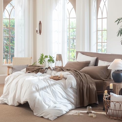 Image of MooMee Sheet Set 100% Washed Cotton Linen-Like Extra Deep Pocket Queen | Relaxed Linen-like Texture. Soft, Breathable & Lightweight Comfort. 15-19 inch Extra Deep Pocket with All-around Elastic