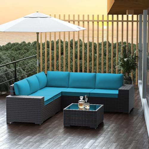 Image of 6 PCS Outdoor Patio Furniture Set,Outdoor Sectional Furniture All Weather PE Rattan Wicker Patio Conversation Set with Coffee Table and 5 Thickened Cushions,Turquoise Blue