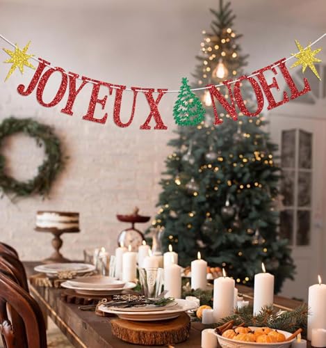 Joyeux Noel Banner, Christmas Party Decorations, Be Merry Decor, Merry Christmas Eve/Birthday Decoration Supplies, Winter Holiday New Year Decor Red Glitter – Image 4