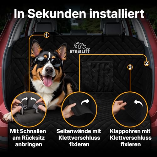 Miauff Kofferraumschutz Hund – Premium-Qualität & modernes Design - Wasserdicht & Kratzfest – Auto Hundedecke mit Tasche – Kofferraum Schutzmatte mit Ladekantenschutz Schondecke (gesteppt)