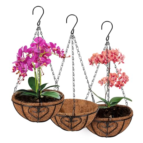 Catálogo de Cestas y forros - los más vendidos. 49 QCQHDU Paquete de 3 macetas colgantes de metal de 8 pulgadas para orquídeas al aire libre, maceta colgante para plantas con forros de coco, macetas para orquídeas con agujeros...