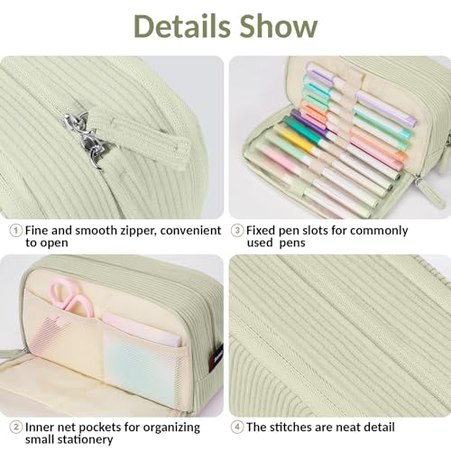 Image of Sooez Big Capacity Pencil Case Pen Pouch, Soft Corduroy Pencil Bag with 3 Compartment, Multiple Pockets, Sturdy Zipper, Cute School Supplies Pen Bag Organizer For Teen Girls College, Green