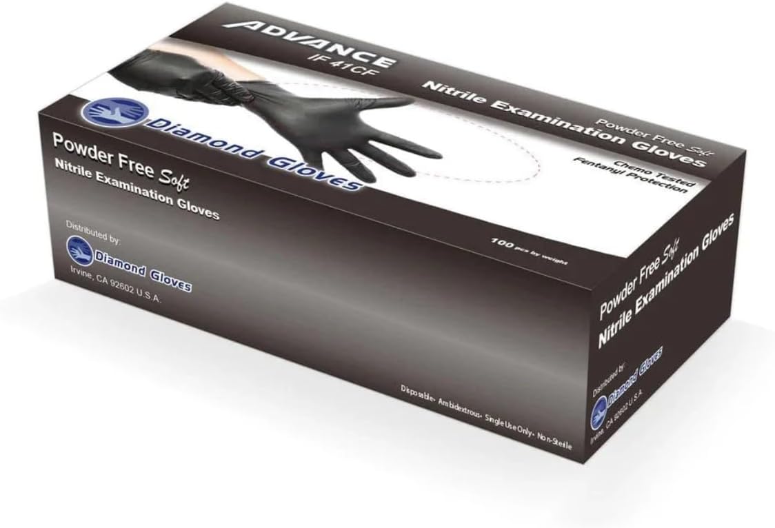 Advance Black Nitrile Exam Gloves IF 41, 5 Mil Powder Free, Latex Free Disposable Gloves, Medical Grade, Micro Finger Textured, Chemical Resistant, Food Safe for Food Prep, Cleaning, Cooking