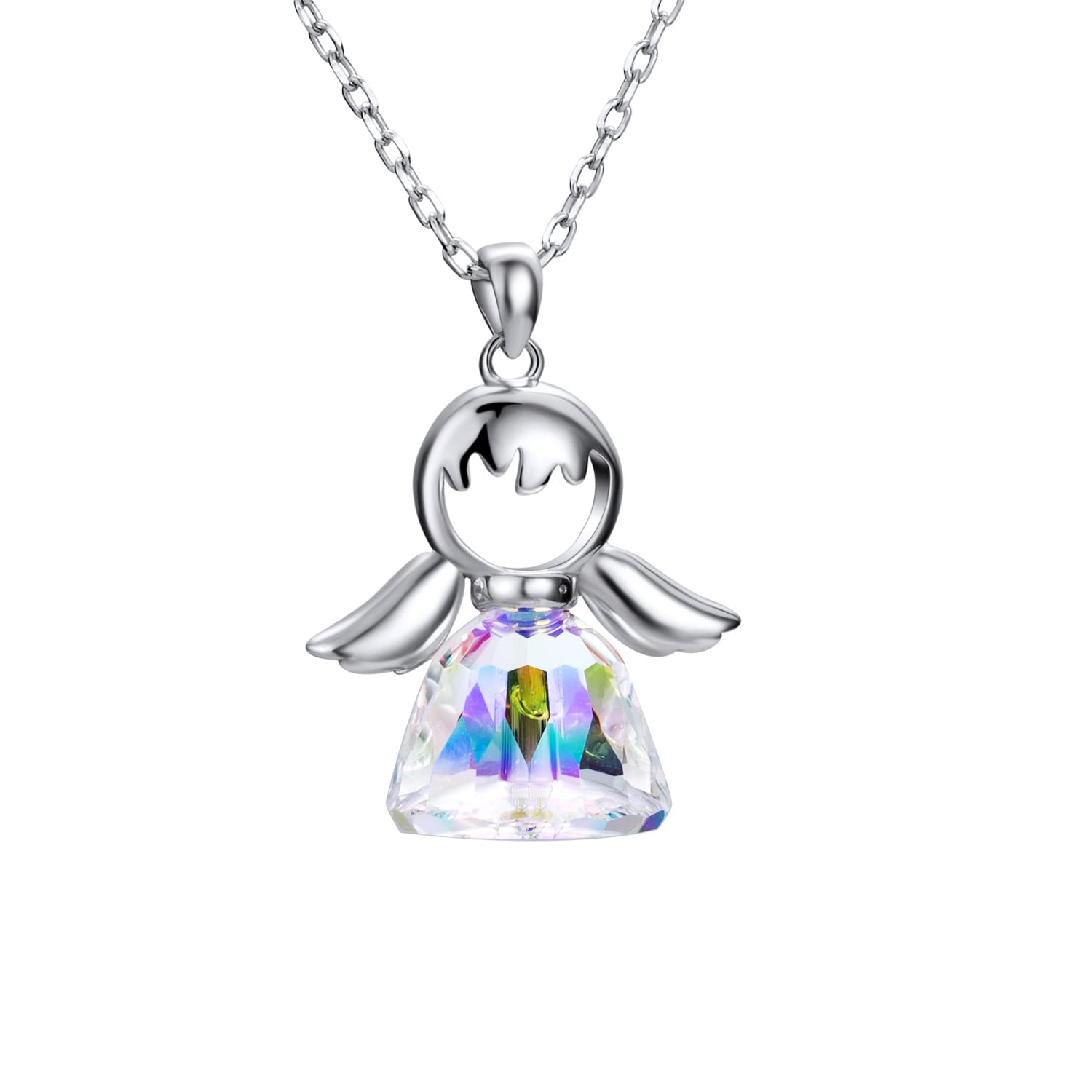QIUJUNDE Collar de Plata de Ley 925 con Colgante de Ángel para Mujeres,Collar de Ángel de la Guarda Cristal Purpurina Joyas de Amistad para Niños Adolescentes Niñas Bautizo Confirmación Primera Comunión Regalo