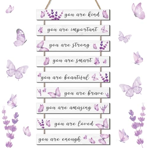 Image of Burbell 9 Pcs Bedroom Purple Butterfly Inspirational Wall Art Decor Purple Nursery Wooden Hanging Signs with Positive Quotes Word Sign Gift for Bedroom Living Room Kitchen Office