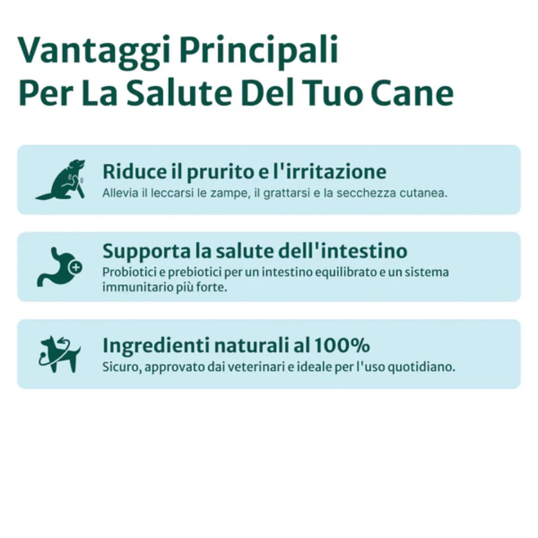 DogSuppy Sollievo Prurito Probiotici Forte per Cani – Ferma Prurito, Grattamento, Leccamento delle Zampe e Mangiare l’Erba, Allevia Allergie e Lieviti, 100% Naturale, Sostiene Intestino e Immunità