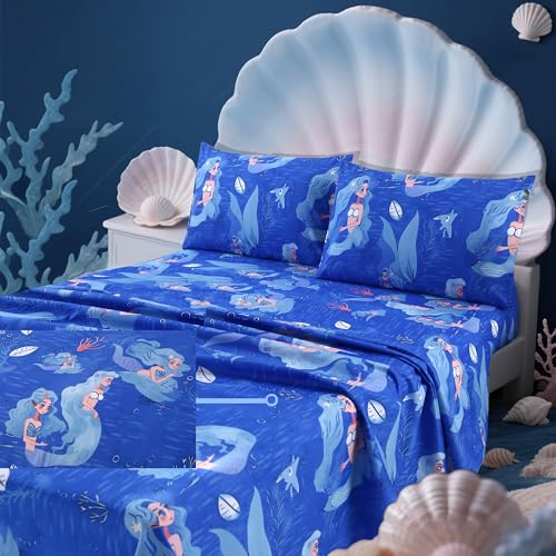 MAG 4Pcs Mermaid Twin Size Sheet Sets,Kids’ Microfiber Bedding Sheet Set,Blue Ocean Themed 1 Fitted Sheet 14'' +1 Flat Sheet+2 Pillowcases for Toddler Boys and Girls,Breathable and Wrinkle.
