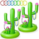 2 Pack Pool Toys Games Set, Inflatable Luau Cactus Pool Ring Toss Toy with 8 Plastic Rings and Wider Base for Multi-Players Boys Girls Adults Family Outdoor Summer Hawaiian Beach Party Supplies