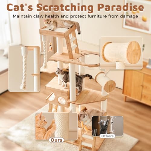 Image of Wood Cat Tree for Indoor Cats, Modern Cat Tower, Unique Cat Condo with House, Tall Luxury Furniture with Heavy Duty Wide Base, Kraft Paper Rope Scratching Post, Removable Cushion (74.8-inch)