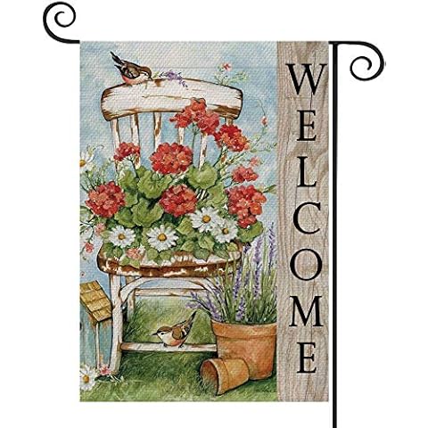 FIBEROMANCE Welcome Garden Flag Spring Summer Garden Flag Flowers on Chair Welcome Flag Vertical Double Sided Outdoor Yard Flag Porch Flag Spring Outdoor Decoration Decorative Home Décor 12x18 inches Cover