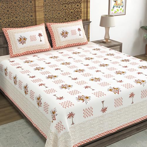 Image of BLOCKS OF INDIA Hand Block Printed 300 TC Cotton Super King Size Bedsheet(106 x 106) (Tree Orange)