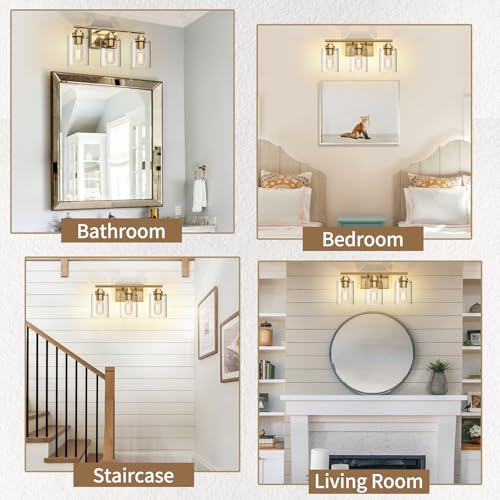 Image of SKEJAO Bathroom Vanity Light Over Mirror,Bathroom Light Fixture Wall Sconce Lighting for Bedroom,Living Room (Gold, 3-Light)