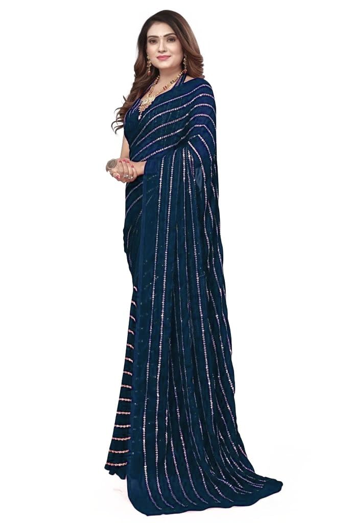 MAHEK Georgette Saree for Women's Embroidery Siquince Lehriya saree Indian sarees Party Wear sari with Blouse Piece Gop.Siq