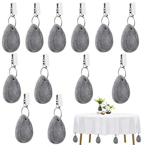 Funmo 12 Stück Tischdeckenbeschwerer aus Naturstein,Tischdeckenbeschwerer Set mit Clip,Tischdeckenbeschwerer für Draußen,Grau Stein Tischdecke Gewichte für Tischdecken Klammern für Picknicks (A)