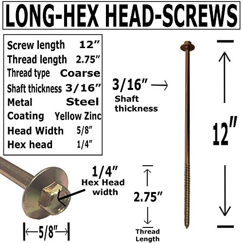 Image of (5) 12 inch - Zinc Coated Rust Resistant Timber Tie - Heavy Duty Hex Head Structural Screw - 5 /8 inch Wide Flange Head with coarse Thread for Secure Hold - Heavy Duty 3 /16 inch Shank for Extra Strength